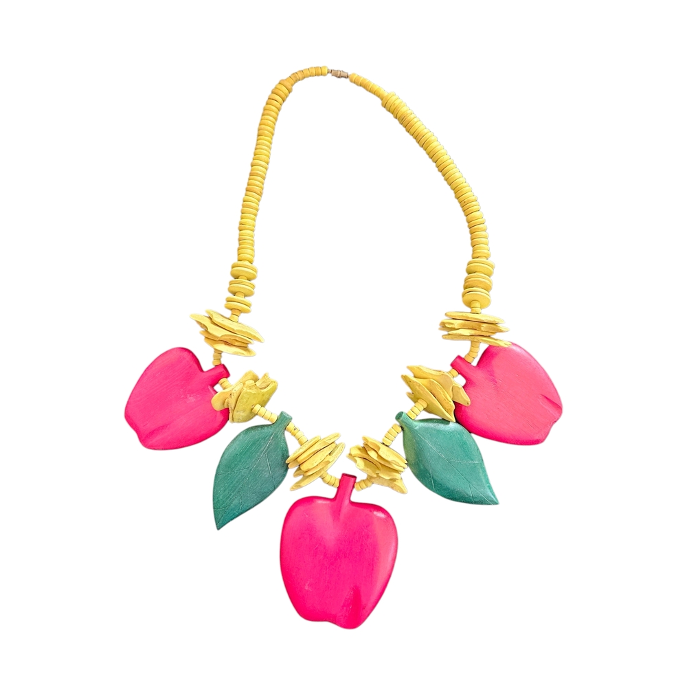Vintage Wooden Apple And Leaves Necklace Handmade